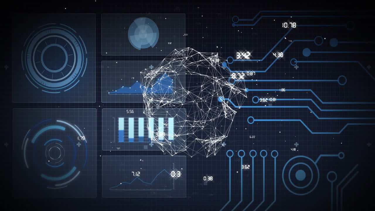 Animation of digital brain network with data charts on futuristic interface