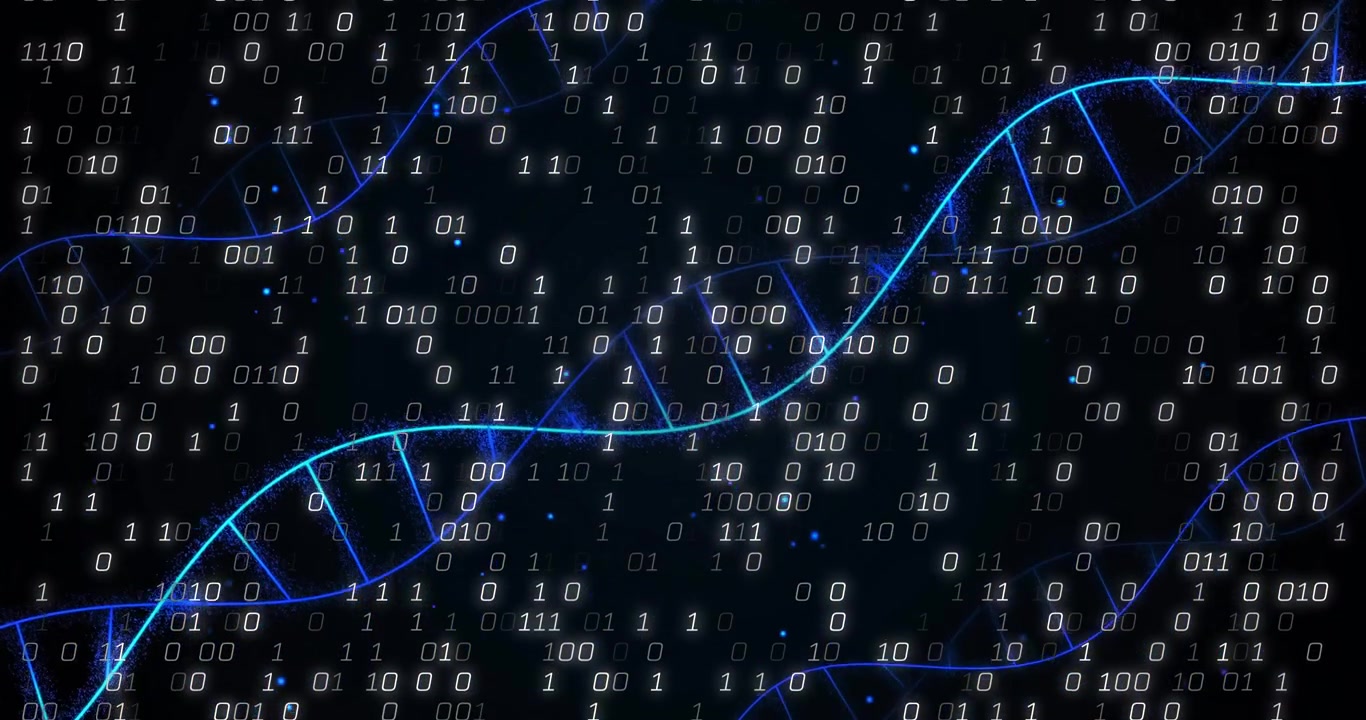 Glowing blue DNA double helix spanning digital space, floating binary digits streaming behind