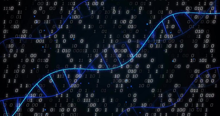 Glowing blue DNA double helix spanning digital space, floating binary digits streaming behind