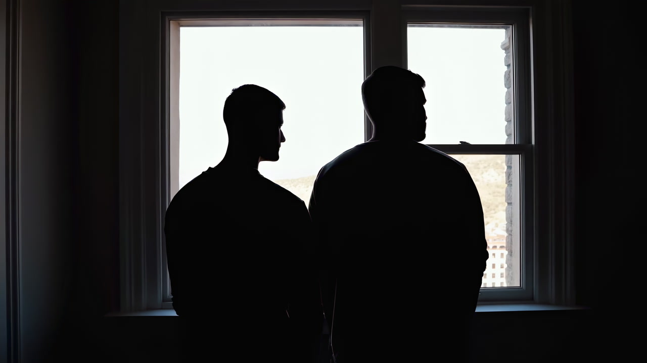 Two Silhouetted Men By Window Backlit, Interior Shadow Framing City View Outside, Friends Standing Close