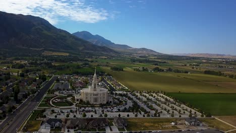 aerial view of the church of jesus christ of latter day saints temple in payson, ut on a beautiful clear september morning