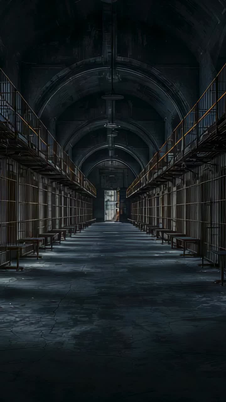 Vertical video: Showing prison corridor, doorway brightening, revealing person in red at exit, bars