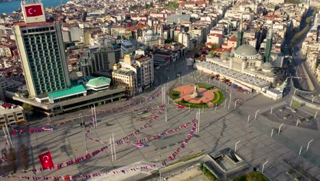 taksim square aerial view with drone, no people, covid-19 pandemic curfew istiklal street.