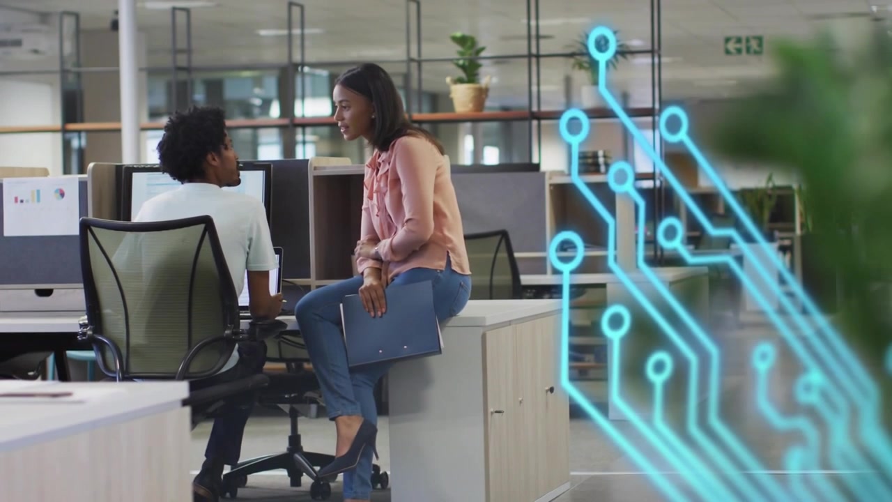 Woman walking to office touching ear sitting by peer talking over folder agreeing circuitry overlay