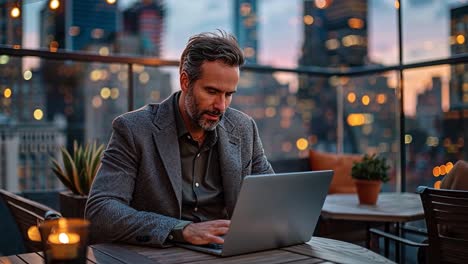 man working on laptop on city rooftop terrace