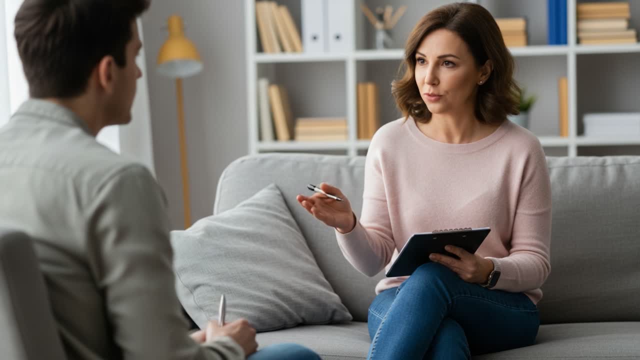 En terapeutisk samtale: En varm og engagerende dialog mellem en terapeut og en klient i behagelige omgivelser