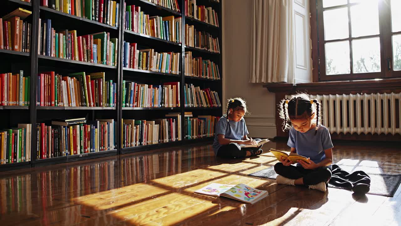 A child in a library, focused on reading, captured from a slightly high angle