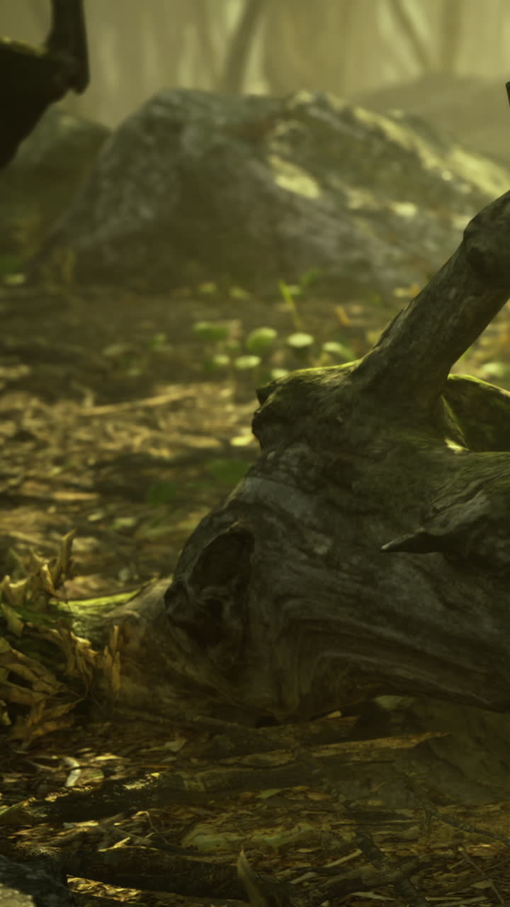 Sunlight shines on forest floor with rocks and roots in the morning