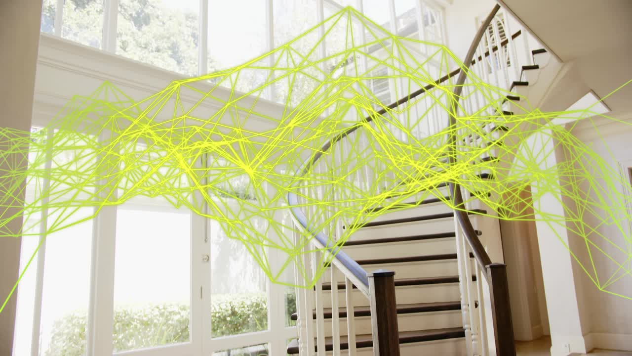 Neon wireframe mesh emerging left windows, sweeping right past staircase, visualizing network
