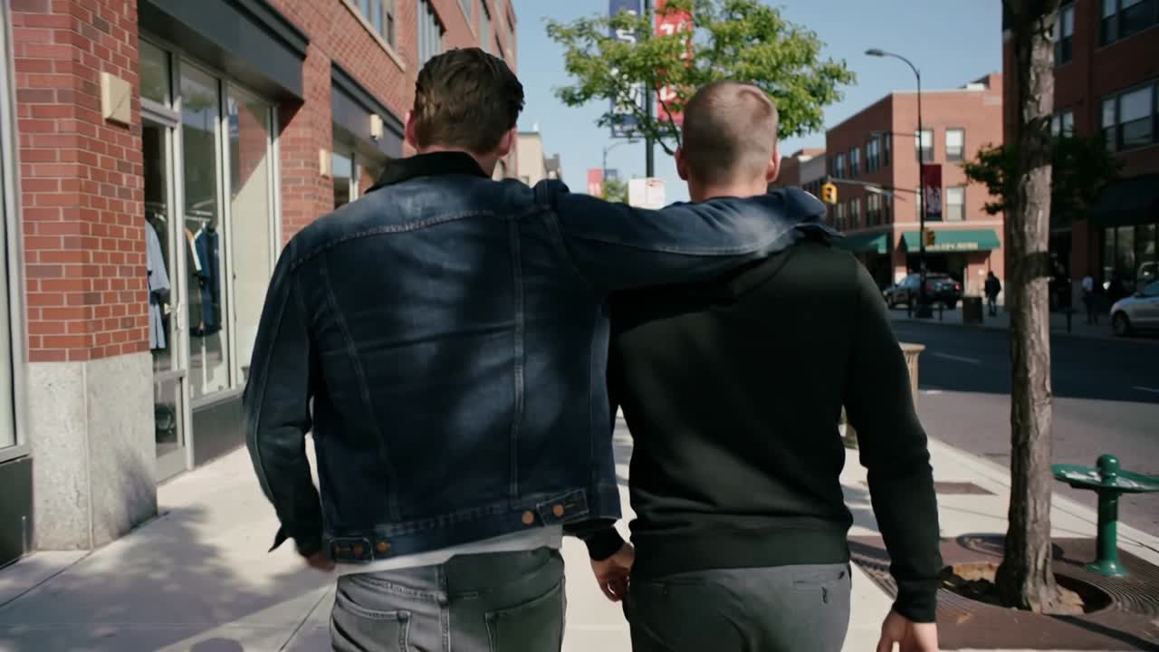 Un uomo a sinistra appoggia il braccio mentre due uomini camminano sul marciapiede della città, l'uomo in giacca di jeans mostra affetto.