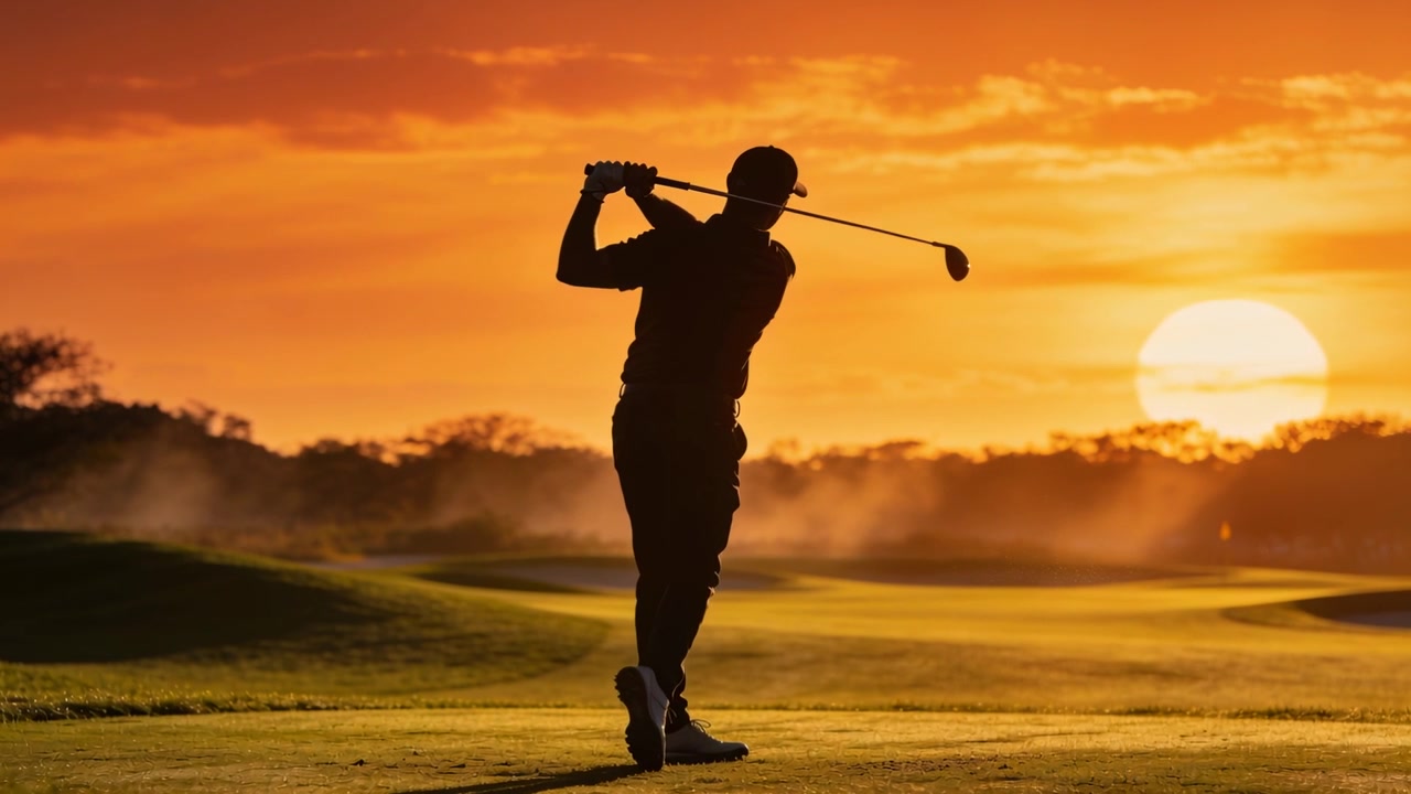 Initiating backswing golfer swinging for drive and finishing on course at sunset with club and cap