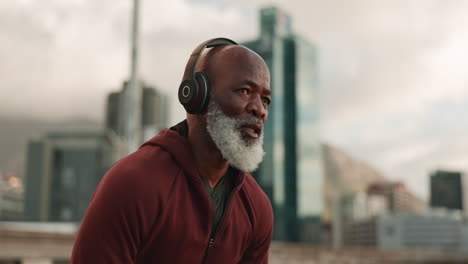fitness, city and mature black man tired