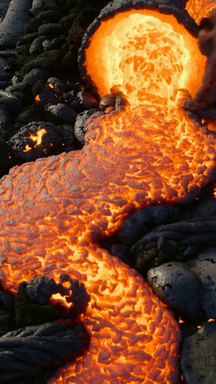 Video verticale: Lava fusa che erutta da una fessura circolare in un campo lavico, magma che forza il flusso