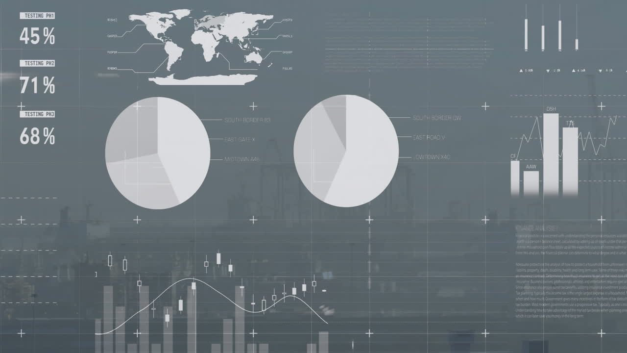3D finance interface being animated over skyline, showing pie charts, bar graphs, candlesticks