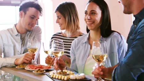 Friends-interacting-while-having-a-glass-of-wine-at-counter