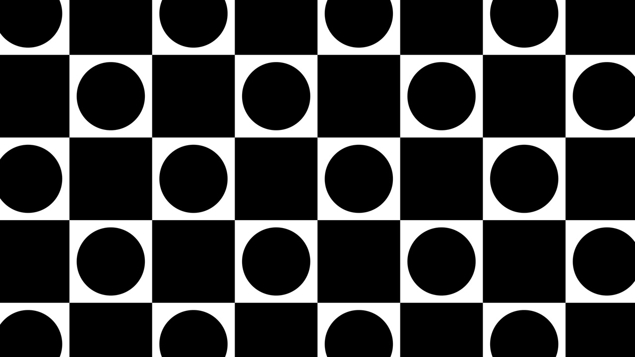 Abstract black and white animated square tiles with circles. Simple checkered geometric motion graphic background. Seamless animation with basic shapes