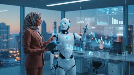 a futuristic collaboration: a professional woman engages with an advanced robot, utilizing holographic data in a modern office setting at dusk