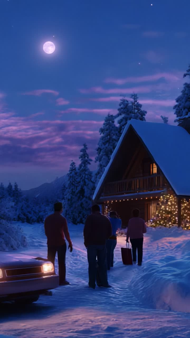 A serene winter night scene captures a group of friends approaching a cozy cabin adorned with festive lights, under the glow of a full moon, creating a magical atmosphere perfect for holiday gatherings