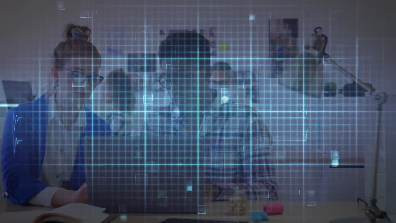 Animation of isoelectric line over diverse business people using laptop in office