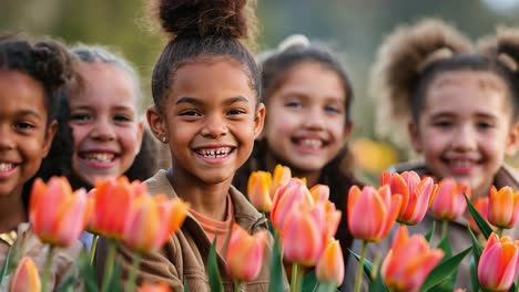 Happy Young Girls Smiling Among Bright Tulips