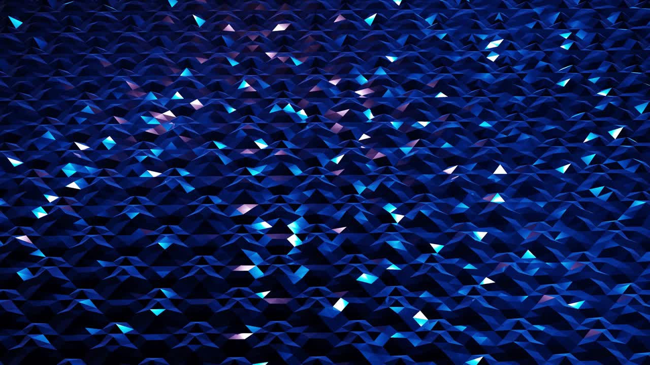 4k에서 세련된 어두운 추상적인 낮은 폴리 배경, 추상적인 파동은 반이는 금속 표면에서 루프로 움직입니다, 부드러운 부드러운 무 애니메이션, 간단한 미니멀리즘 기하학, 푸른 색.