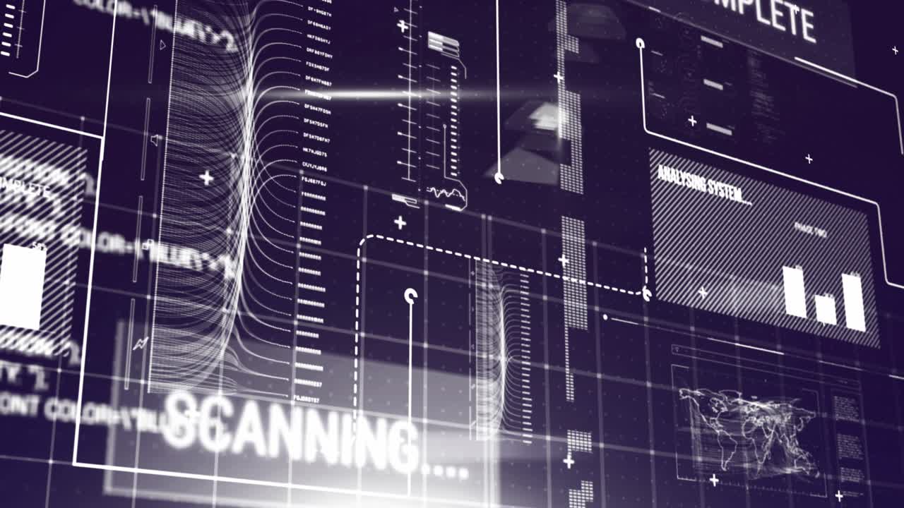 Animation of interface with data processing against purple background