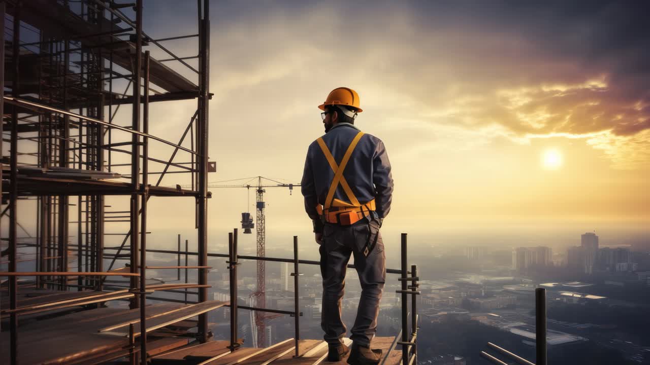 A worker in safety gear stands on a construction site at sunset, viewed from behind