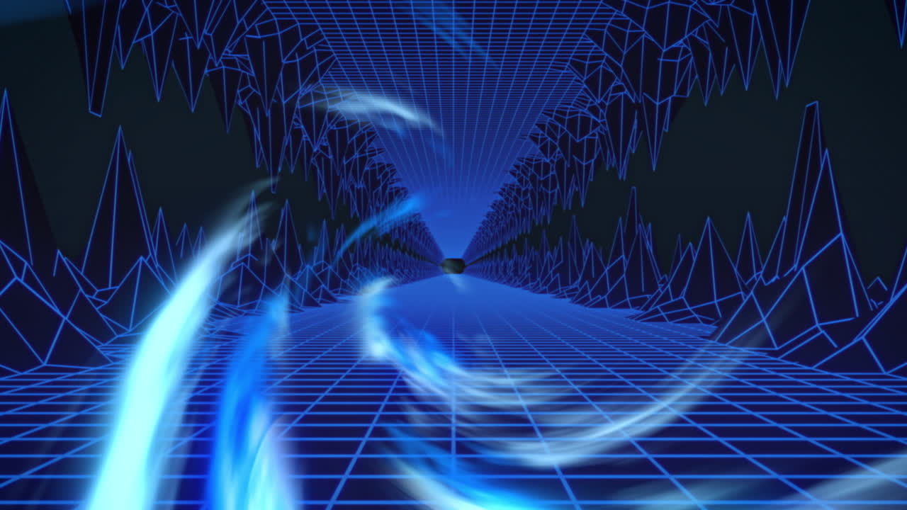 Animation of tunnel made of blue lights moving over blue and black metaverse landscape