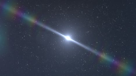 bright blue spot of light glowing and rainbow lens flare in the night sky