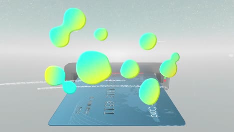 animation of colorful stains and data processing over bank card in atm