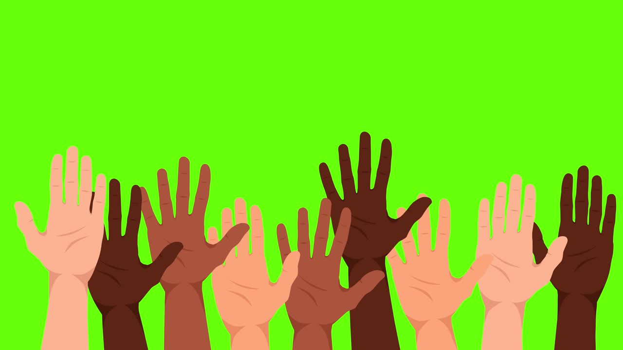 손을 흔드는 다민족 집단, 피부색이 다른 사람들의 손바닥, 연합, 협력, 파트너십 또는 팀, 평평한 스타일, 녹색 스크린, 4k 애니메이션