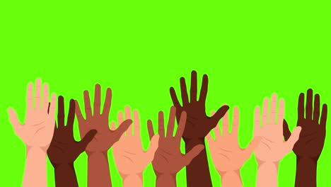 a multiethnic group of people waving their hands. the palms of people with different skin colors. unity, collaboration, partnership or team. flat style. green screen. 4k animation