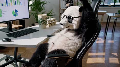 a playful video concept featuring a panda in sunglasses relaxing in an office chair