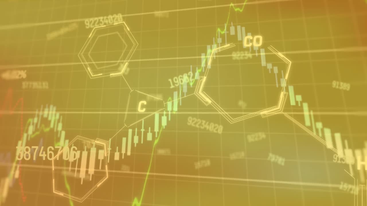 변하는 숫자와 분자 구조를 가진 여러 그래프의 애니메이션이 그래디언트 배경에 있습니다.