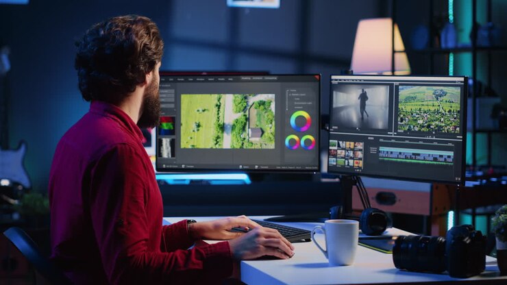 Editor video che taglia segmenti di riprese con drone, lavorando a un progetto di clip promozionale