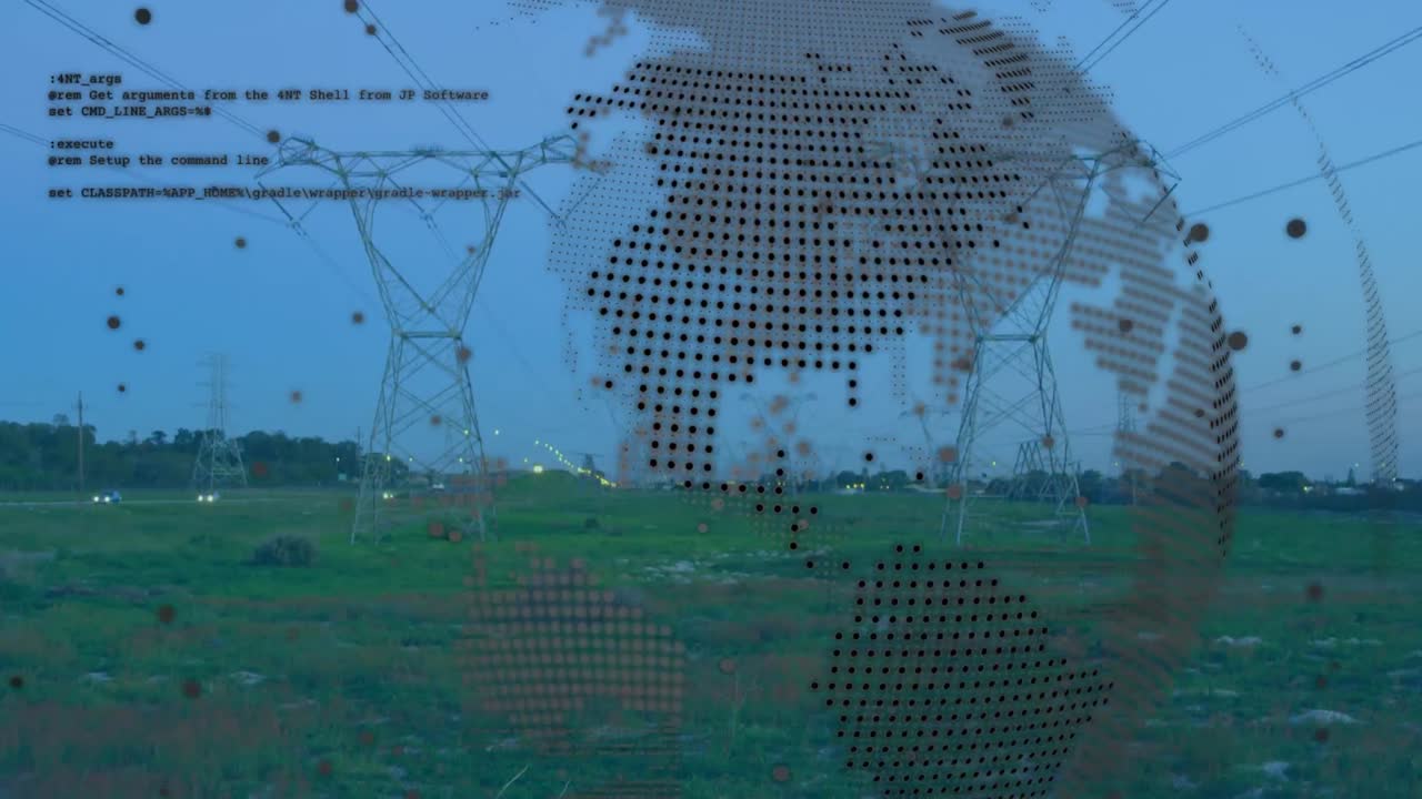 animación del globo y procesamiento de datos sobre postes de electricidad