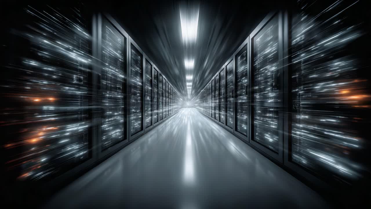 Un data center futuristico che mostra una prospettiva dinamica di server rack, illuminati con luci intense e circondati da flussi di dati che scorrono nello spazio