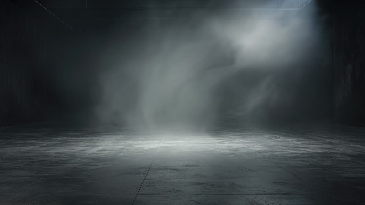 Moody, cinematic scene with a low-angle view of a dimly lit, fog-filled room