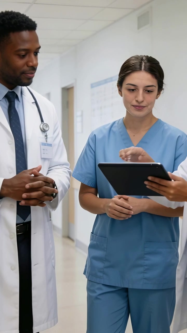 Video verticale: Medico che cammina e parla, infermiera in divisa che controlla un tablet per le cartelle cliniche nel corridoio dell'ospedale
