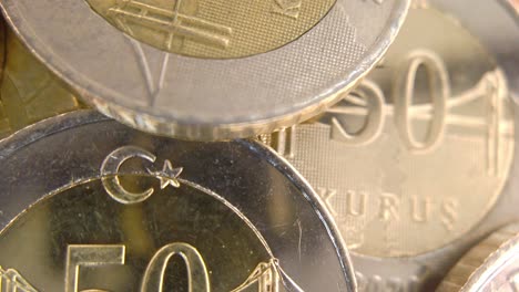 fifty turkish kurus coin is rotating on a black background