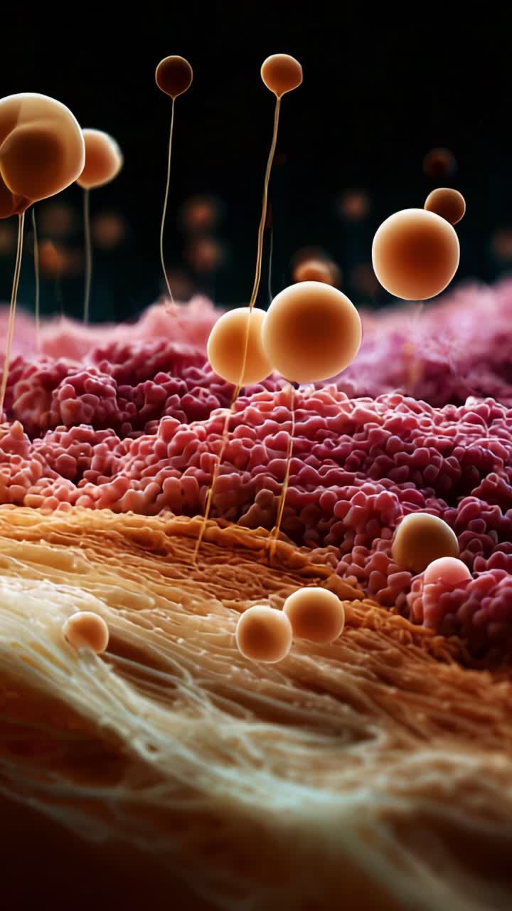 Una visualizzazione astratta di strutture cellulari e microorganismi che evidenzia dettagli complessi in colori vivaci e texture uniche, osservati attraverso una lente scientifica