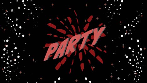 Animation-of-party-text,-in-red-over-red-and-white-lights-on-black-background