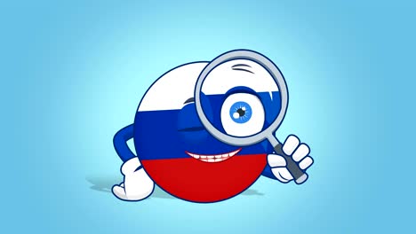 cartoon icon flag russia magnifying glass with face animation with alpha matte