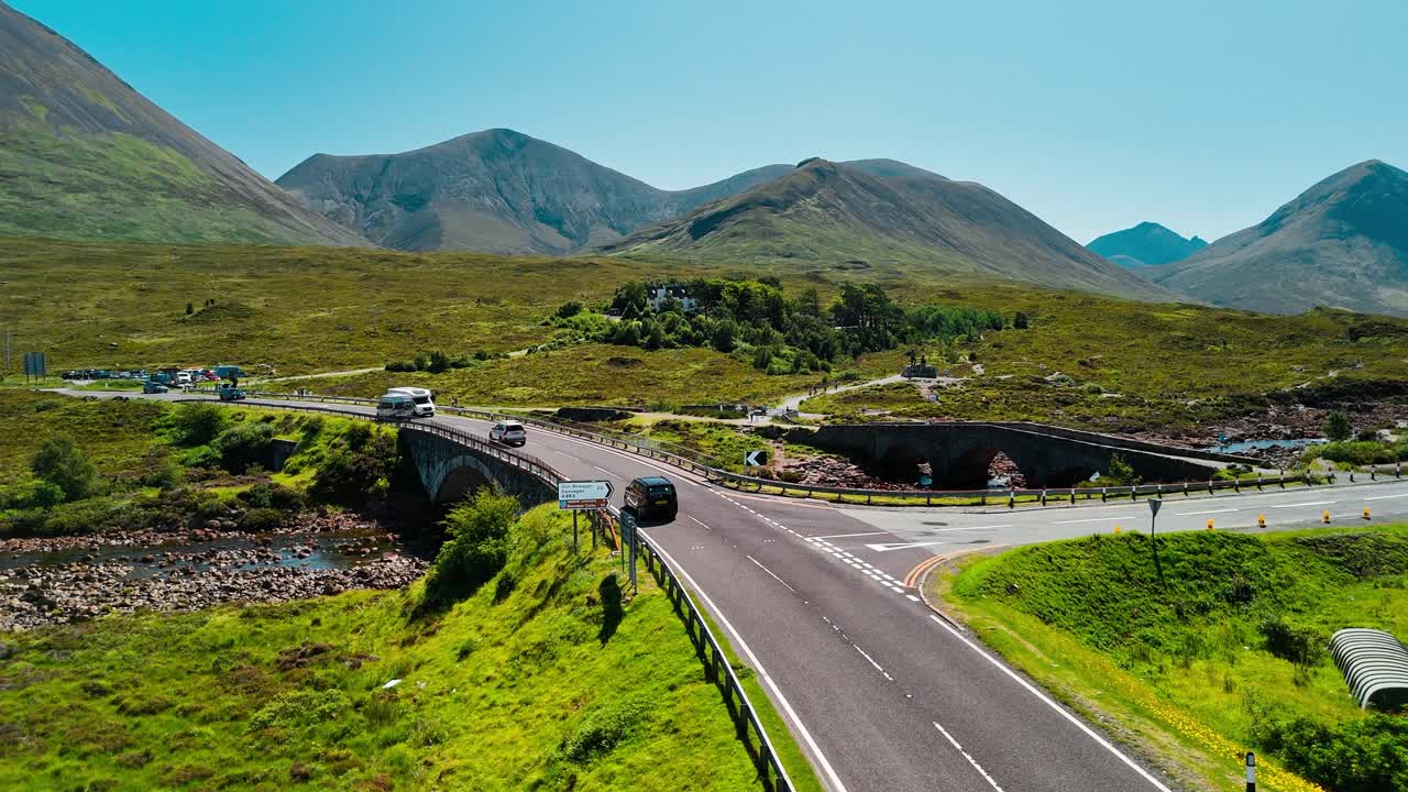 Scenic Landscape with Road, Bridge, and Mountains