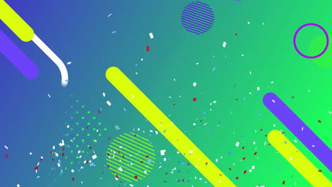 animation of confetti falling over abstract shapes on gradient blue to green background