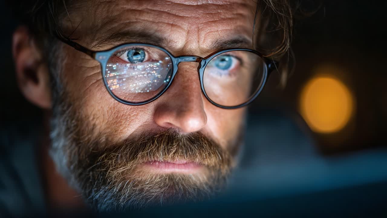 A Close-Up Portrait of an Engaged Individual Illuminated by Screen Light, Capturing Intense Focus and Emotional Depth in a Dim Environment