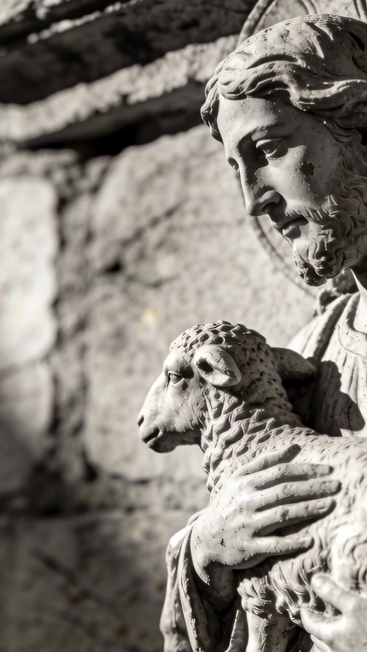Video verticale: Telecamera che panoramica inquadrando una statua ammantata con un agnello su una parete con aureola di chiesa, con spazio per il testo.