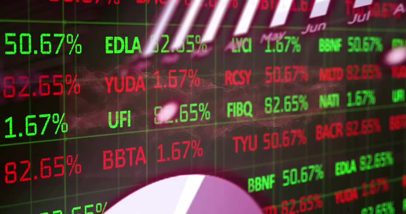 Animazione dell'elaborazione di dati statistici e di borsa su onda digitale, su sfondo nero