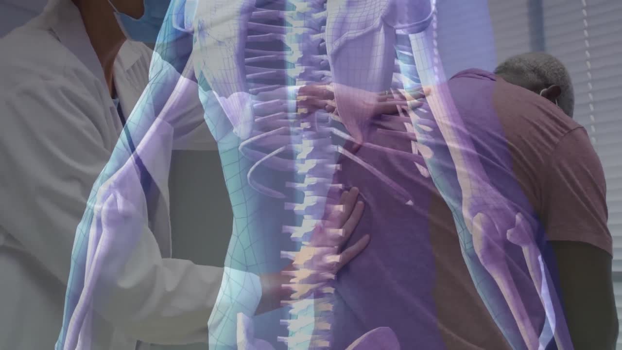 얼굴 마스크를 쓰고 남성 환자를 치료하는 두 인종 의사의 디지털 인간 애니메이션