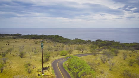 aerial of vehicle driving towards hawaii coastline